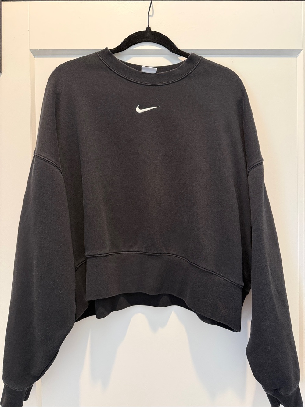 Nike Black Cropped Crew Sweatshirt with White Swoosh